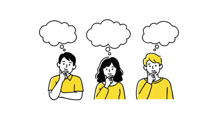 Brainstorming team members visualizing ideas above heads in thought bubbles on white background