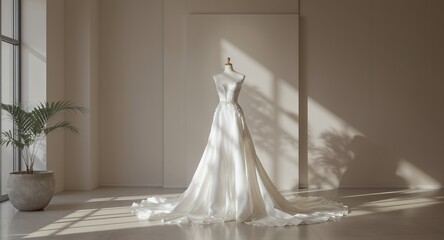 Elegant Wedding Dress on Mannequin, Studio Shot, Bridal Gown, A-line Silhouette, Soft Lighting