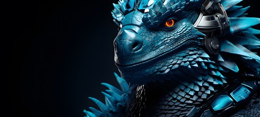 The black background contrasts sharply with the bright blue silver light emitted by Pachycephalosauria , generative AI