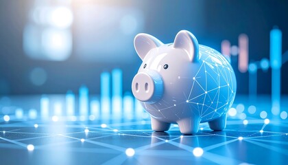 A ceramic piggy bank with a network overlay sits before digital financial data visualizations, hinting at savings and investment