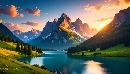 Majestic mountain range reflecting in serene lake at golden sunset