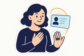 Person engaging in authentic identification gesture while interacting with digital ID representation conveying trustworthiness, human connection, and modern identity verification concept