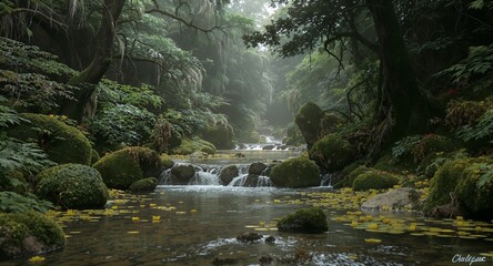Misty Forest Stream with Mossy Rocks and Water Lilies