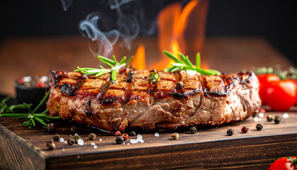 Gourmet Grilled Beef Steak with Flames and Spices