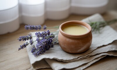 Spa product with lavender and clay pot on linen cloth