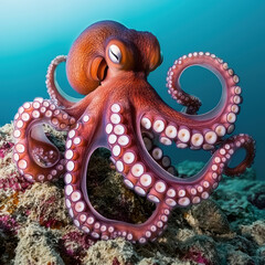 Curious octopus exploring rocky seabed, showcasing vibrant colors and intricate textures