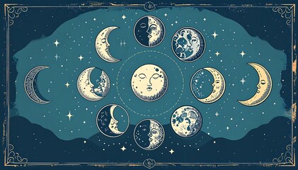Vintage moon phases in a starry night sky