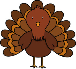 Thanksgiving turkey with brown feathers and orange accents stands with cheerful expression celebrating festive thanksgiving season joyfully