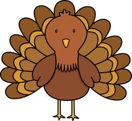 Thanksgiving turkey with brown feathers and yellow beak standing with spread tail feathers in festive autumn celebration