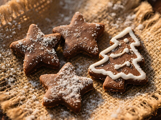 Delicious chocolate starshaped christmas cookies dusted with powdered sugar on a rustic burlap cloth