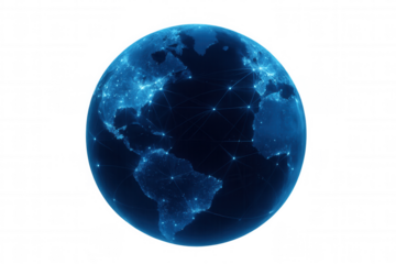 Rotating planet earth with network connections, symbolizing global data exchange and communication on a transparent background