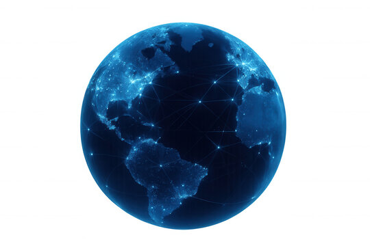 Rotating planet earth with network connections, symbolizing global data exchange and communication on a transparent background