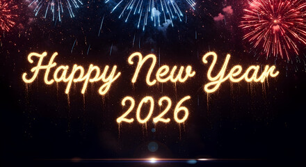 Happy new year 2026 celebration, colorful fireworks over the city, glowing sparkles, greeting card, background, poster, postcard, banner, calendar, design template.      