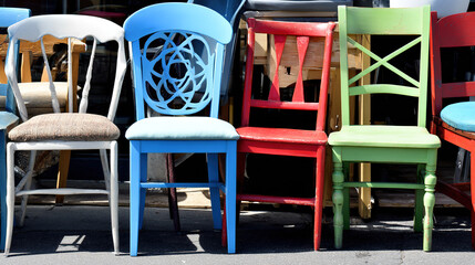mismatched. A playful arrangement of mismatched chairs in vibrant colors, representing whimsical seating dilemmas. lifestyle magazines.