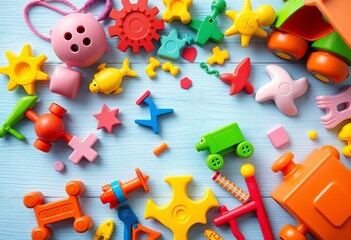 Assorted colorful children's toys arranged on a light blue wooden surface,  cars,  games