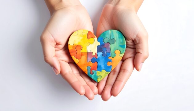Hands holding heart shaped puzzle representing love and connection - Powered by Adobe