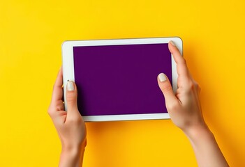 Small hands gripping a white tablet against a vibrant yellow backdrop, innovation, online