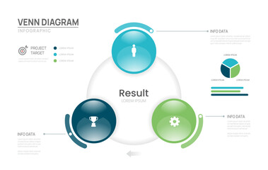 Venn diagram business infographic chart glass circle template 3 steps options, presentation with venn diagram elements vector illustration.