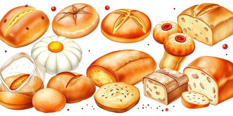 Watercolor-style vector illustration of assorted breads, pastries, and bakery items on a white background,   digital art,  cake