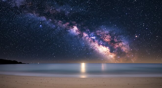 A fantasy of bright stars illuminates the dark night sky with a blue galaxy