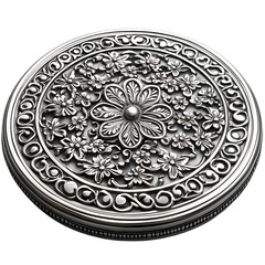 Ornate antique silver round box with intricate floral engraving and detailed decorative border isolated on transparent background