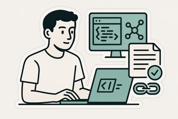 Young software developer implementing coding strategies on a laptop while analyzing coding documents and visualizing digital frameworks in a modern workspace captured with clarity