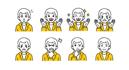 Expressive character faces showcase a range of human emotions from joy to frustration and contemplation