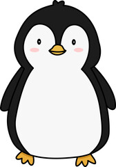 Cute winter penguin with white belly and black feathers smiling with pink cheeks and yellow beak and feet