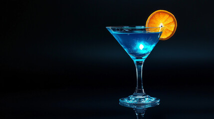 Luminous Blue Cocktail With A Backlit Orange Garnish On A Dark Background, Generative AI