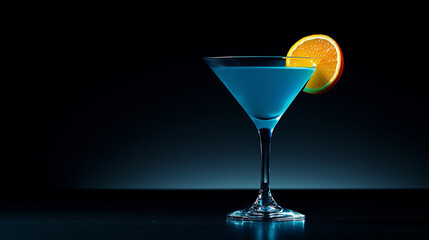 Electric Blue Martini Cocktail With Orange Garnish On A Reflective Dark Surface, Generative AI
