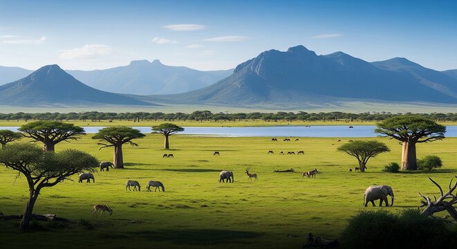A Lush African Savannah Landscape with Wildlife - Powered by Adobe