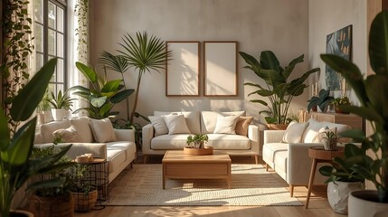 Cozy living room with natural sunlight, indoor plants and neutral toned furniture
