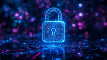 Cyber security padlock hologram floating above abstract digital background