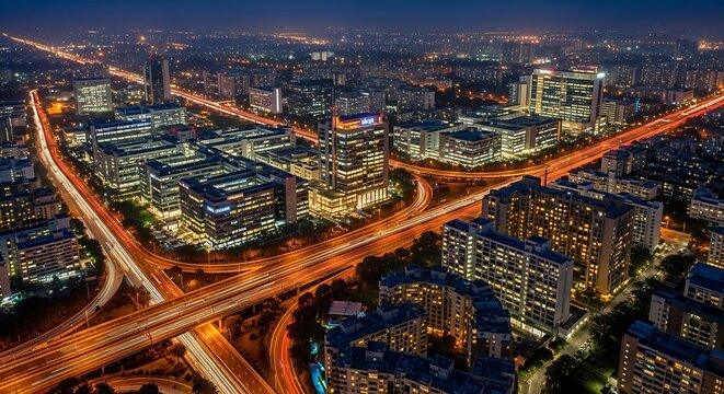 Night cityscape with illuminated buildings and roads in Gurgaon, India.