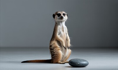 A Meerkat Standing Against a Neutral Background With a Stone