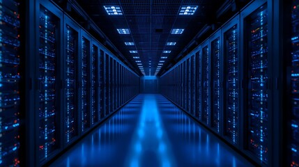 Modern server room with glowing blue lights and rows of servers