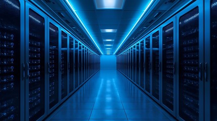 Modern server room with glowing blue lights and rows of servers