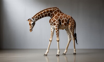 A solitary tall animal with distinctive patterned coat in studio lighting