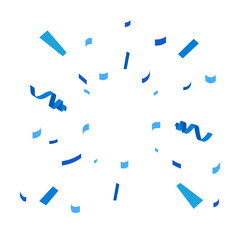 A festive burst of falling blue confetti and paper streamers, an isolated design element for celebration and party backgrounds