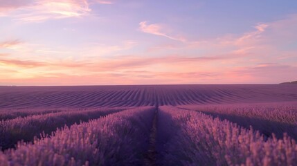 Vast lavender field under pastel sunset sky, dreamy romantic mood