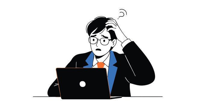 Confused businessman scratching head over laptop, struggling with complex problem or deadline