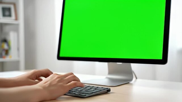 Close up of hands typing on a keyboard in front of a computer monitor with a green screen, perfect for screen replacement and mockups.