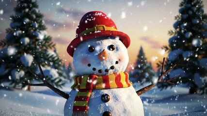 A festive snowman wearing a red knit hat and scarf smiles in a magical winter wonderland at night, surrounded by glowing lanterns under falling snow - Powered by Adobe