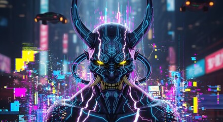 Vibrant digital art of a powerful horned demon with a glowing mask in a futuristic cyberpunk metropolis at night