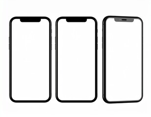 Three smartphone mockups with blank screens for design and user interface presentation