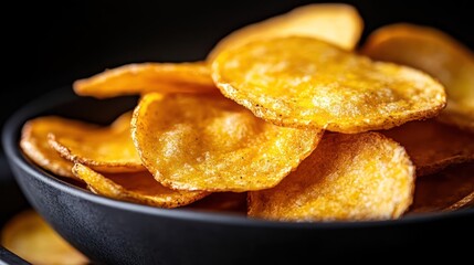 Artisan potato chips arranged in a rustic bowl on a dark surface evokes a sense of indulgence