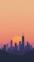 Flat-style illustration of a modern city skyline at sunset, with minimal buildings, soft gradient sky, and clean vector lines
