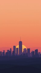 Flat-style illustration of a modern city skyline at sunset, with minimal buildings, soft gradient sky, and clean vector lines