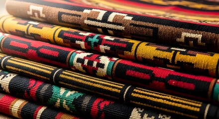 Close-up view of a stack of vibrantly colored, intricately woven textiles featuring geometric patterns and traditional designs.