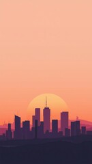 Flat-style illustration of a modern city skyline at sunset, with minimal buildings, soft gradient sky, and clean vector lines
